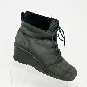 KEEN Women's Black Leather Lace-Up Mid Heel Wedge Boots Size 8.5